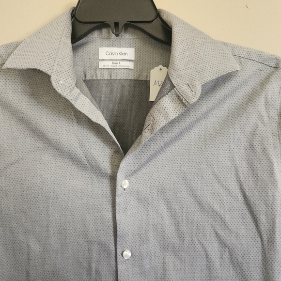 M24 Calvin Klein gray stretch micro-pattern slim wrinkle free long sleeve shirt - Picture 3 of 9